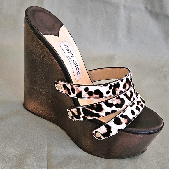 New Jimmy Choo Fur Leather Leopard Print Wedge Sandals Size 7.5 US - Picture 4 of 16